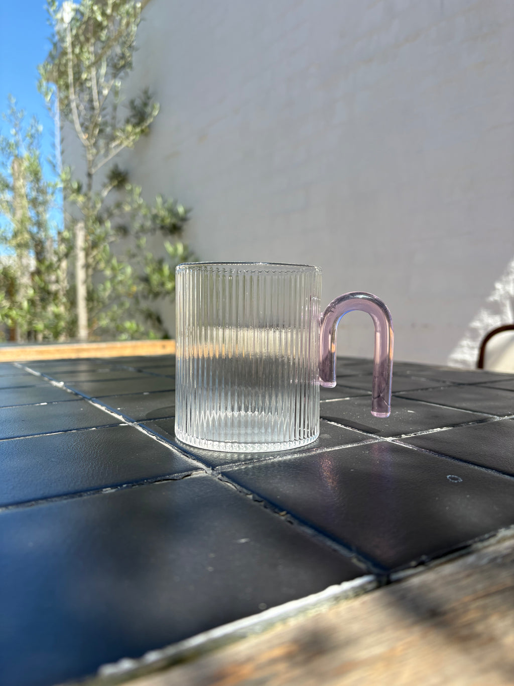 Glass Ribbed Mug - Arched Handle