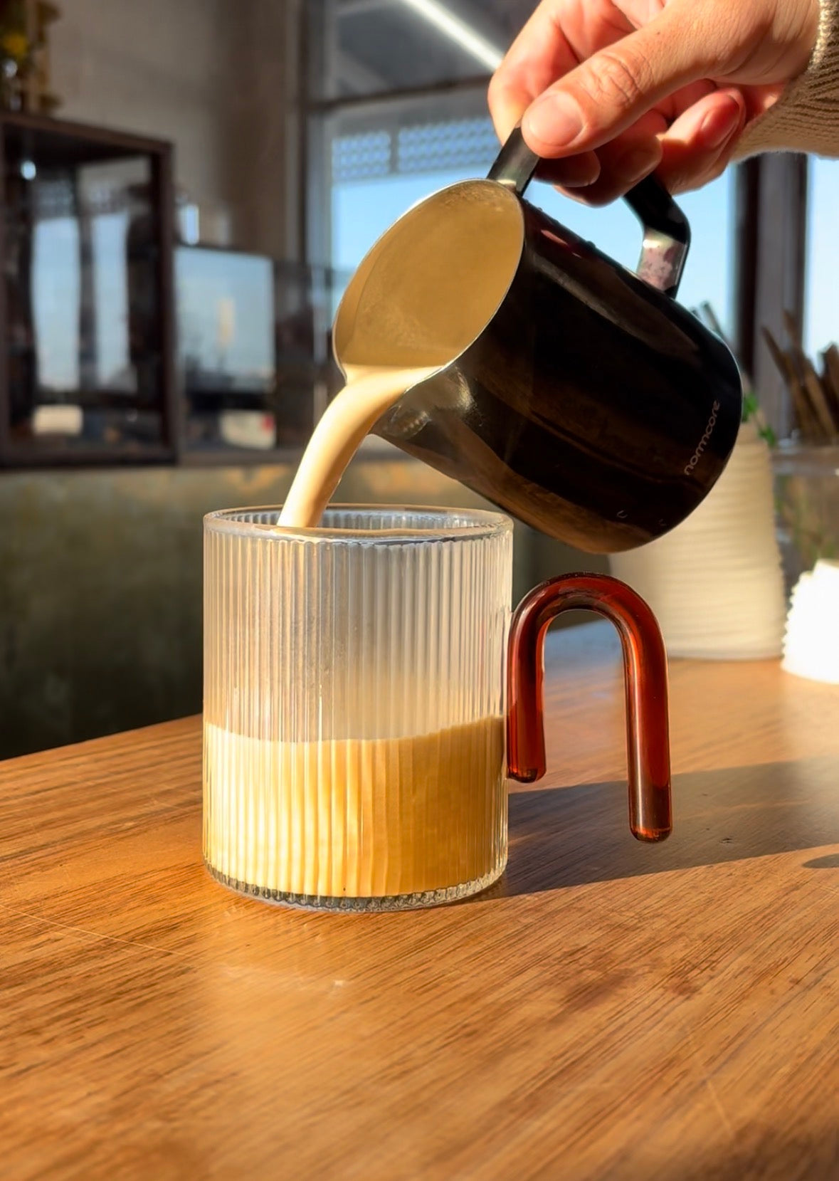 Glass Ribbed Mug - Arched Handle